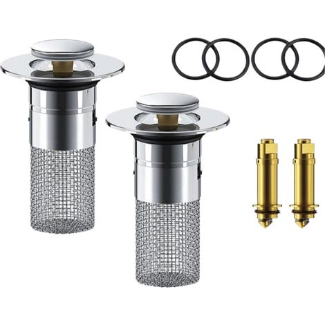 Lot de 2 bouchon de lavabo, diamètre 2,6 à 3 cm, filtre à cheveux amovible, acier inoxydable, laiton, pour salle de bain (1/5)