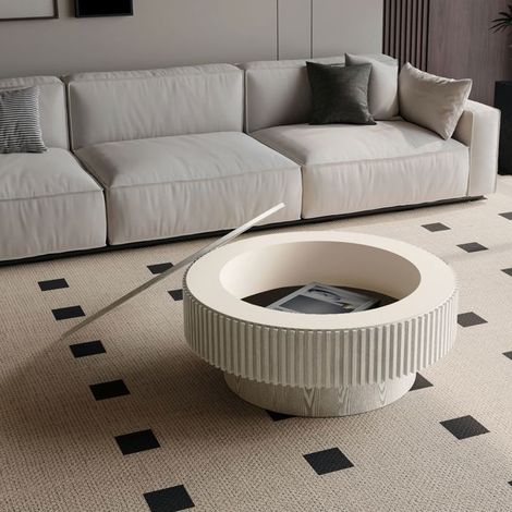 Table basse avec rangement plateau rond bois massif surface plaquée style moderne blanc rétro (1/5)