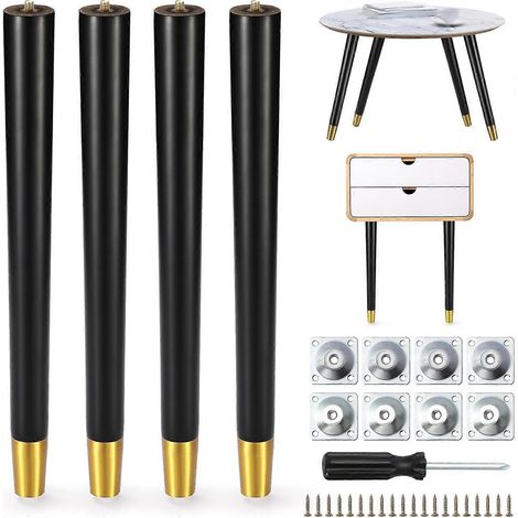 Pieds de table en bois de 40 cm avec bordure métallique, adaptés aux tables basses, guéridons, bureaux, chaises, lits et armoires. Style médiéval. Lot de 4, avec 2 kits de fixation. Noir. (1/5)