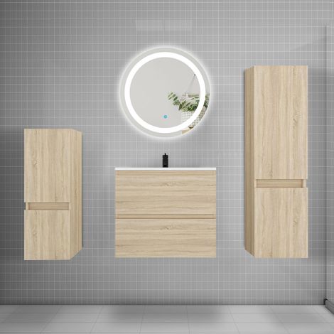 Ensemble meuble vasque L.60cm 2 tiroirs + lavabo + LED miroir 60cm + 2colonne,chêne C (1/5)