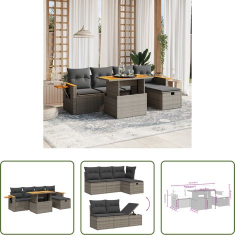 Table de jardin -  Salon de jardin 6 pcs avec coussins gris résine tressée (1/5)