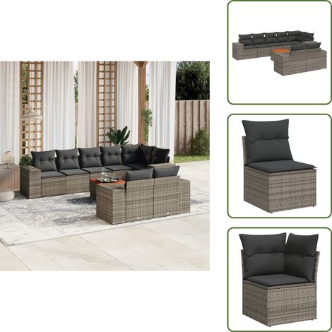 The Living Store 9-tlg. Garten-Sofagarnitur mit Kissen Grau Poly Rattan - Gartensorte - Gartenmöbelset - Outdoor Möbel - Lounge Set - Esstisch