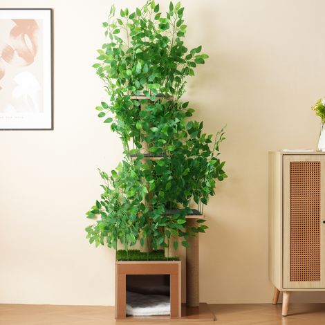 Arbre à chat sapin 190 cm, 4 plateformes + trous cachette, MDF résistant aux griffures, feuilles amovibles, sans danger pour chats (1/4)