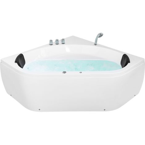 Bañera esquinera de acrílico 140 x 140 cm para 2 personas con chorros de masaje reposacabezas y LED Meves