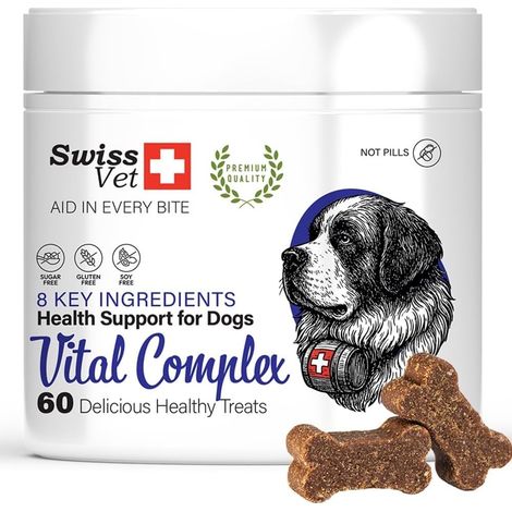 SwissVet – Multivitamines pour Chiens en bouchées tendres – avec probiotiques, Huile de Saumon, glucosamine, MSM, collagène, chondroïtine et vitamines – l’énergie et la Digestion - 60 Pièces (1/5)