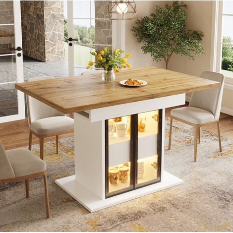 Mesa de comedor extensible de 110-140x80 cm con almacenamiento, LED RGB USB, puertas de cristal, MDF blanco (1/5)