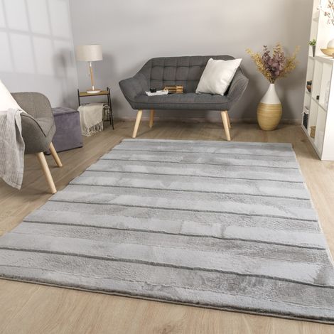 Wohnzimmer Teppich Esszimmer Langflor Streifen Design Boho Skandi Optik Uni 80 cm x 150 cm x 26 mm Grau Rechteckig (1/5)