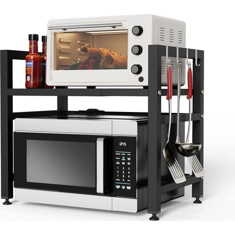 Etagère Micro-Ondes Extensible Noire, Support Four à Micro-ondes avec 6 Crochets, Hauteur Réglable 32/42cm, Longueur Ajustable 42-64cm, Rangement Cuisine (1/5)