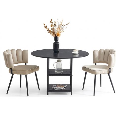 Ensemble table ronde avec 4 chaises, table à manger ronde de 100 cm noire aspect bois, assises marron et structure métal (1/5)