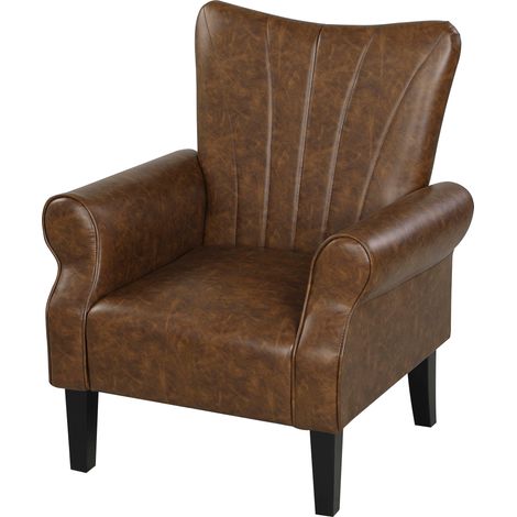 Upholstered Accent Chair with Rolled Arms Wood Legs, Armchair for Living Room Bedroom, Brown (1/5)