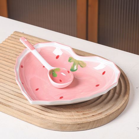 Ensemble bol, cuillère et assiette en forme de cœur, inspiré des célébrités d'Internet, pour desserts et salades, vaisselle ménagère en céramique (assiette de 20 cm + cuillère). (1/5)
