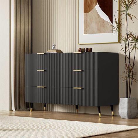 Buffet à 6 tiroirs, meuble de rangement fonctionnel pour chambre et salon, design élégant en panneaux de particules, 120 x 40 x 77 cm – Noir et or (1/5)