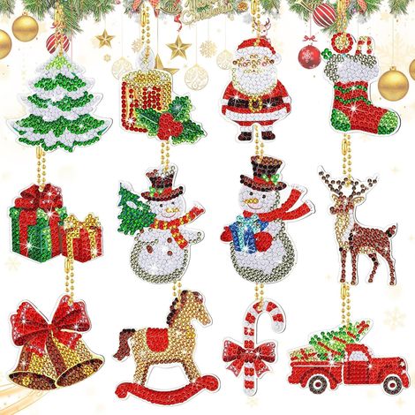 12 kleine Diamantmalerei-Sets, DIY-Diamant-Schlüsselanhänger, hängende Weihnachtsdekorationen, Acrylplakette und Schlüsselanhänger, CHANCCI Weihnachts-Diamantmalerei (1/5)