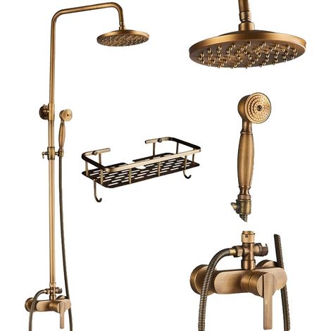 Robinet de douche, barre coulissante réglable, douche à main pluie, Laiton A avec étagère (1/2)