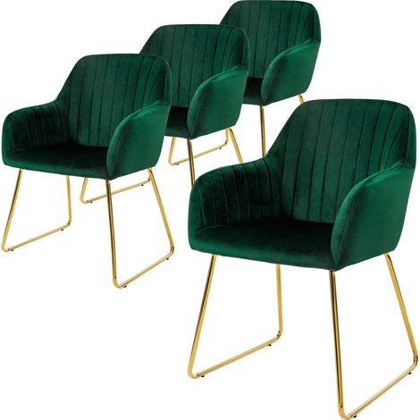 ML-Design Esszimmerstühle 4er Set, Sitzfläche aus Samt, Grün, Wohnzimmerstuhl mit Rücken- und Armlehnen, Küchenstuhl Gold Beine, Polsterstuhl mit Metallgestell, Ergonomische Sessel für Esstisch