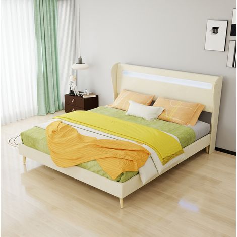 Bett modern gepolstert 160x200 cm beige, Stoff- und Metallrahmen, verstellbares Kopfteil mit LED-Beleuchtung (1/5)