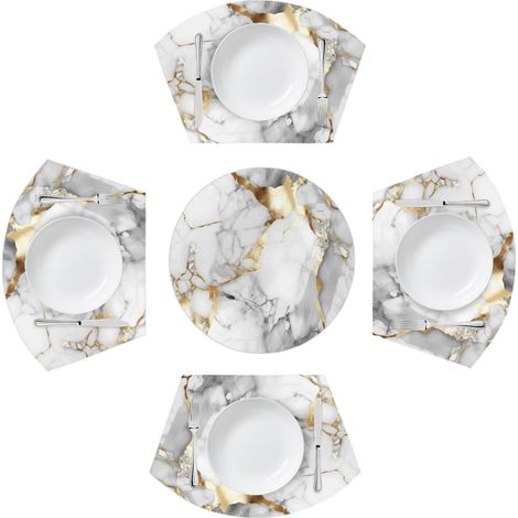 Lot de 4 sets de table ronds à motif marbre blanc doré avec centre de table, résistants à la chaleur et lavables pour cuisine (5 pièces)'Parent'-'- (1/5)