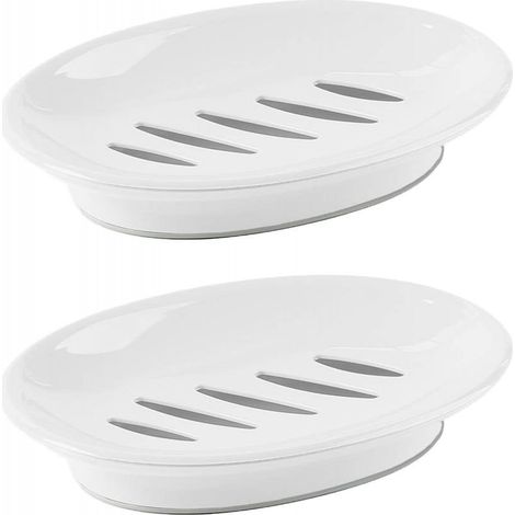 Deux porte-savons en plastique avec égouttoirs et porte-éponges, adaptés aux douches, etc. (blanc) (1/5)
