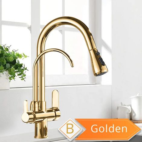 Robinet de cuisine filtrant l'eau (Golden B) 2 en 1, en laiton antique, avec douchette extractible et système de purification d'eau Crane. Mitigeur pivotant 2 voies. (1/5)