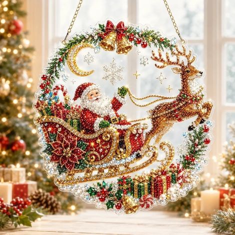 Nouvelle peinture diamant acrylique attrape-soleil de Noël - Traîneau du Père Noël - 20 cm