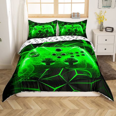 Parure de lit - Pour enfants - Avec housse de couette et taie d'oreiller - 135 x 200 cm - Motif géométrique vert - Avec 1 taie d'oreiller à fermeture Éclair (1/5)