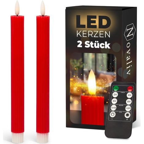 Bougies bâton LED avec minuterie ROUGE pack de 2 intérieur avec minuterie de 6 heures - VRAIE CIRE nervurée hauteur 23 cm pour bougies diamètre 2,2 cm