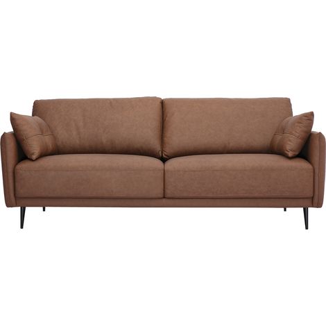 Divano vintage 3 posti in pelle marrone e legno scuro DAVEN