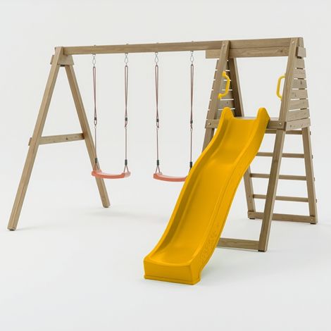 Area gioco da giardino in legno Maxplay Gym con scivolo giallo e doppia altalena (1/5)