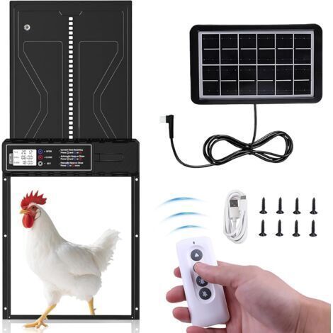 Porte automatique solaire pour poulailler avec minuterie et télécommande (3 modes mixtes), écran LCD étanche, fonction anti-pincement, 2 modes de charge (1/4)