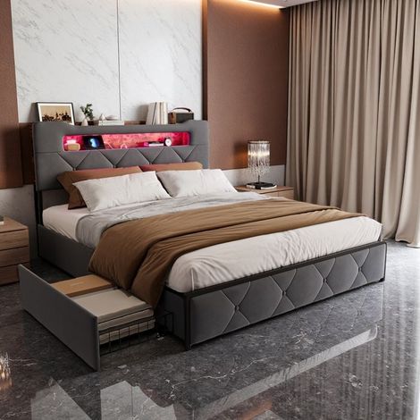 Cama Doble 140x200 con Almacenamiento 4 Cajones - LED RGB, Cargador USB - Cama Cofre Tapizada en Terciopelo Gris