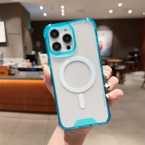 (iPhone 15 Plus, bleu) Étui de chargement magnétique sans fil MagSafe pour iPhone avec cadre transparent antichoc