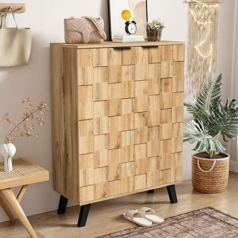 Meuble à chaussures avec 2 Portes et 5 Compartiments, Étagères Réglables, Style Moderne, en Panneaux de Particules, Bois, Marron Clair, 80,5×35×109,5 cm (1/5)