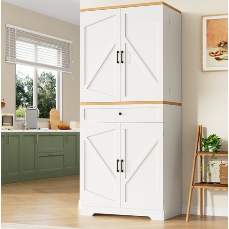 Credenza alta 80x40x180 cm in MDF con 4 ante, scomparti, 1 cassetto e portaspezie, per sala da pranzo, cucina e soggiorno, bianca (1/5)