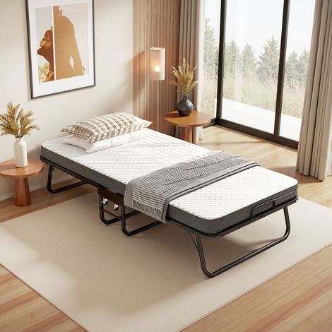 Letto Pieghevole con Ruote 90x190 cm, Apertura Veloce, Telaio Metallo Nero Robusto, con Materasso Memory Foam 10 cm (1/5)