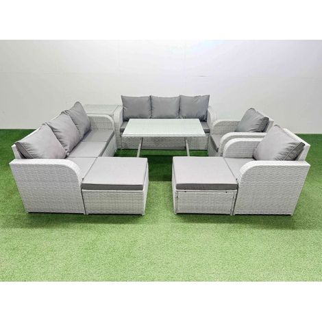 Fimous Rattan High Back Lounge Sofa Set Patio Dining Table & Chairs Set with 3 Seater Sofa 2 Reclining Chairs Side Table 2 Big Stool Light Grey (1/4)