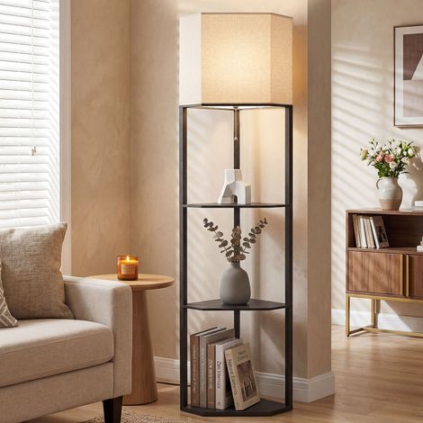 Corner Floor Lamp with Shelves, Modern Tall Standing Lamp with Chain Switch for Living Room, Bedroom, Bulb Not Included, Black (1/5)