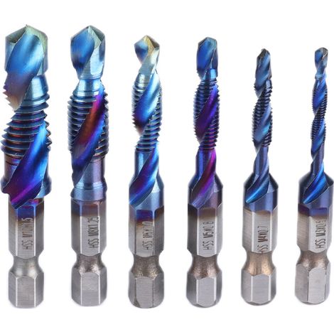 Kit de 6 forets et tarauds à spirale avec revêtement bleu et queue hexagonale pour le perçage et la découpe des métaux tendres.