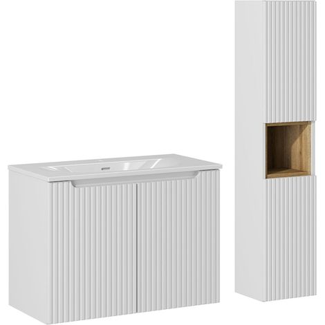 Ensemble meuble simple vasque encastrée 80cm 2 portes et colonne Riva Blanc et Bois