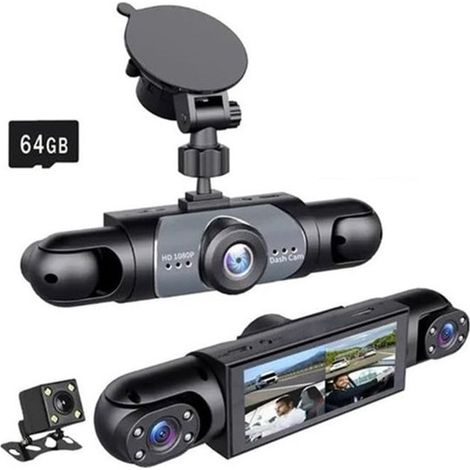 Dashcam con 4 obiettivi, 4K 360°, funzione di registrazione anteriore e posteriore/interna con visione notturna, scheda grafica da 64 GB. (1/5)