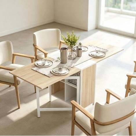 Klapptisch 170/60/75 cm Weiß und Hell-Eiche mit 4 Ablagefächern (1/5)