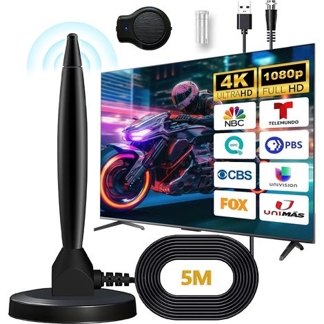 Antenne TV Intérieur TNT HD-2026 Amplificateur Antenne TV avec Amplificateur de Signal à Gain Élevé - Reception Longue Portée à 360°,Base Magnétique pour Chaînes 4K 1080P HD (A) (1/5)