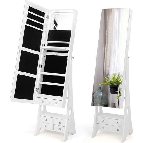 Armoire à bijoux blanche sur pied en MDF avec miroir pleine longueur, éclairage LED et 6 tiroirs pour chambre, dressing et entrée (1/5)