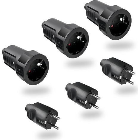 Noir 3 Paires Fiche Male Femelle Etanche Exterieur Prise 250V 6A IP44 Raccord Prise à 2 Broches Pieds Ronds Fiche Prise Electrique Sans Câble (1/5)