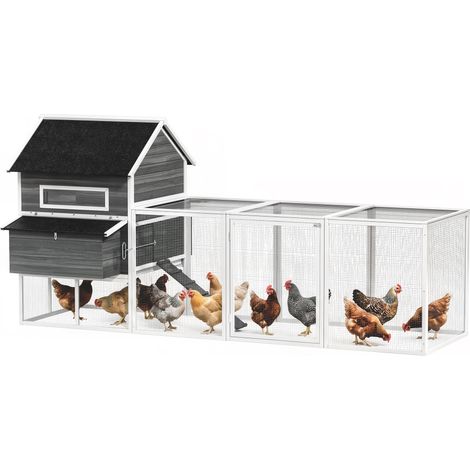 PawHut gallinero de madera grande exterior, caseta para gallinas con 2 nidos, corral, techo asfáltico, bandeja extraíble, 347x160x150 cm, gris oscuro (1/5)
