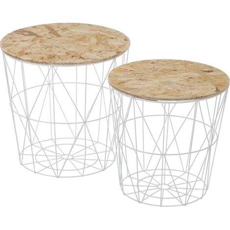 Coppia Tavolini Bassi Design Moderno Metallo Legno OSB Bianco 39x39x39cm (1/5)
