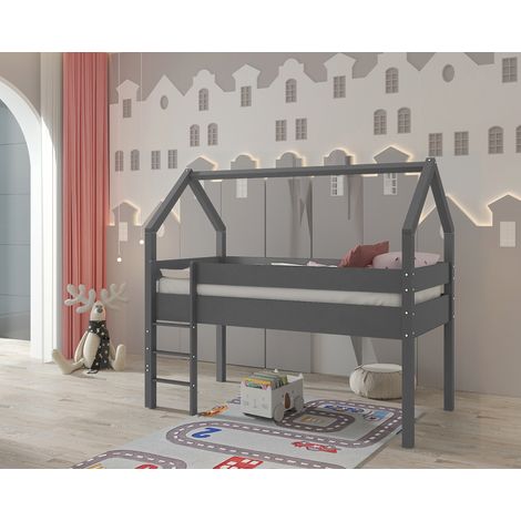 Lit cabane surélevé en pin gris 90x200 (1/5)