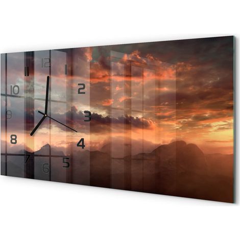 Horloge Murale Panoramique Artistique 60x30 cm Verre Trempé Design Original Montagnes au coucher du soleil (1/5)