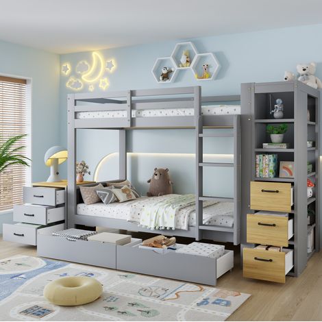 Kinder-Etagenbett 90x200 cm aus Holz, Grau, mit Stauraum, ohne Matratze – MEUBLIV (1/5)