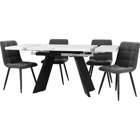 5-teiliges ausziehbares Esstisch-Set 99-159 cm weiß/schwarz mit 4 Samtstühlen (1/5)