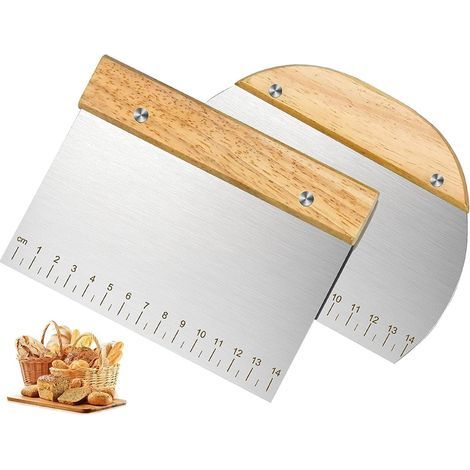 Set aus 2 halbrunden und rechteckigen Gebäckspateln aus Edelstahl mit Skala und Holzgriff, multifunktionales Werkzeug zum Backen in der Küche. (1/5)